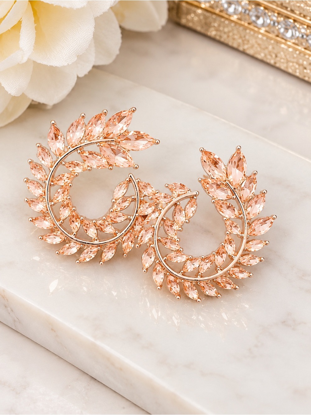 Elegant Rose Gold Leaf Crystal Hoop Earrings - Women Jewelry